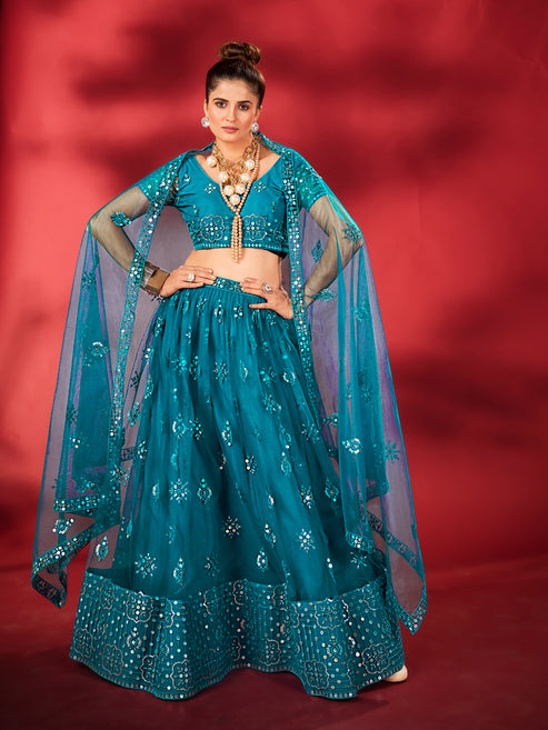 Light Blue Sequins Embroidered Net Lehenga Choli