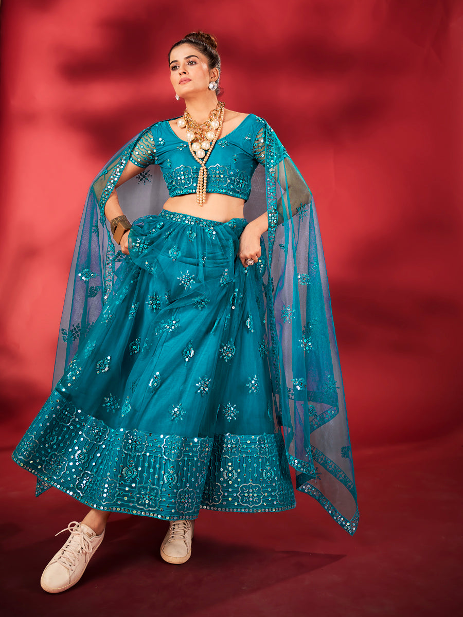 Light Blue Sequins Embroidered Net Lehenga Choli