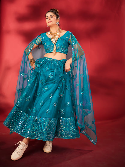 Light Blue Sequins Embroidered Net Lehenga Choli
