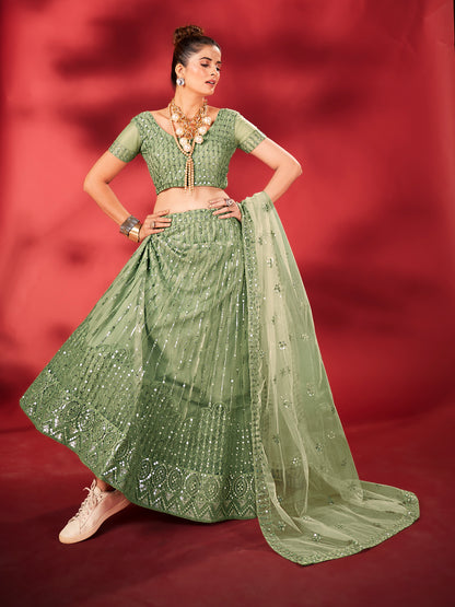 Pistachio Green Sequins Embroidered Net Lehenga Choli