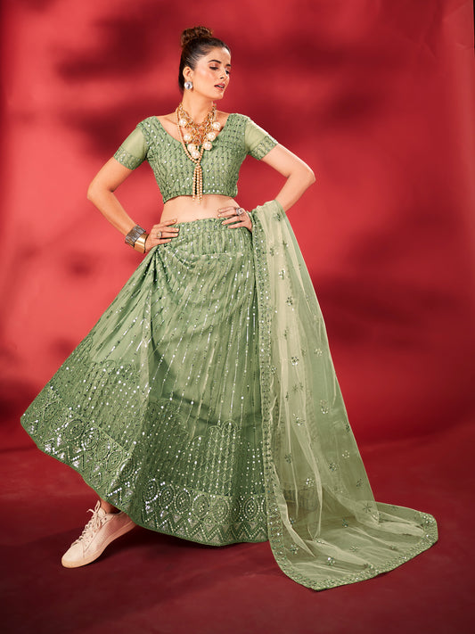 Pistachio Green Sequins Embroidered Net Lehenga Choli