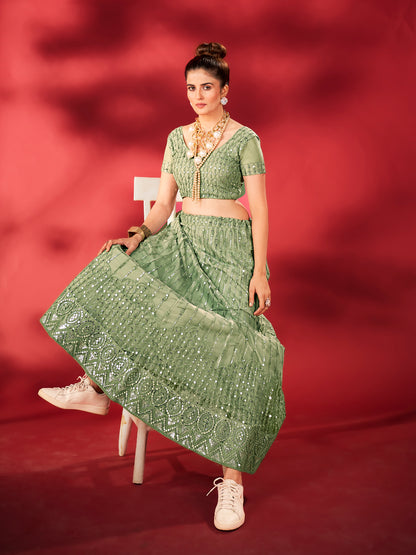 Pistachio Green Sequins Embroidered Net Lehenga Choli