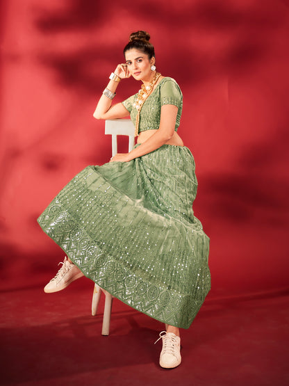 Pistachio Green Sequins Embroidered Net Lehenga Choli
