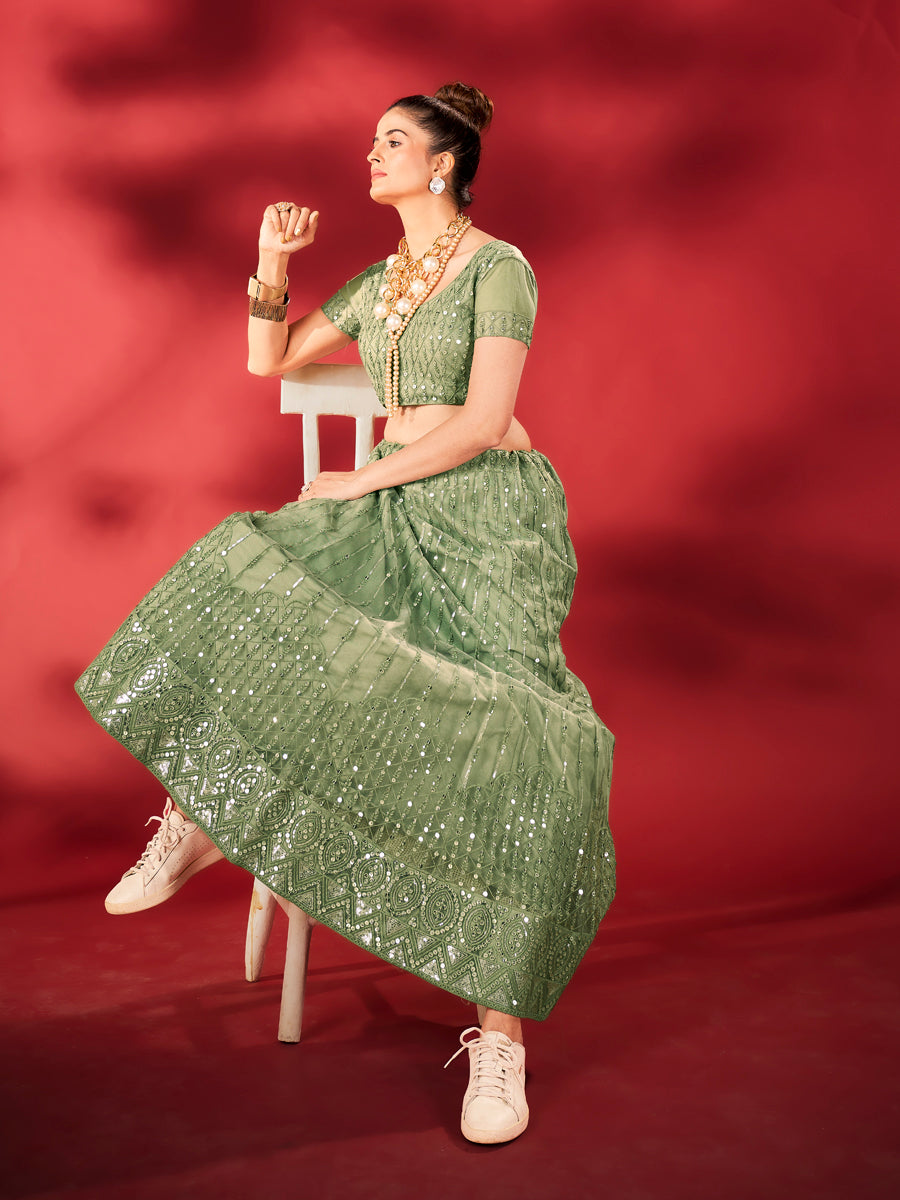 Pistachio Green Sequins Embroidered Net Lehenga Choli