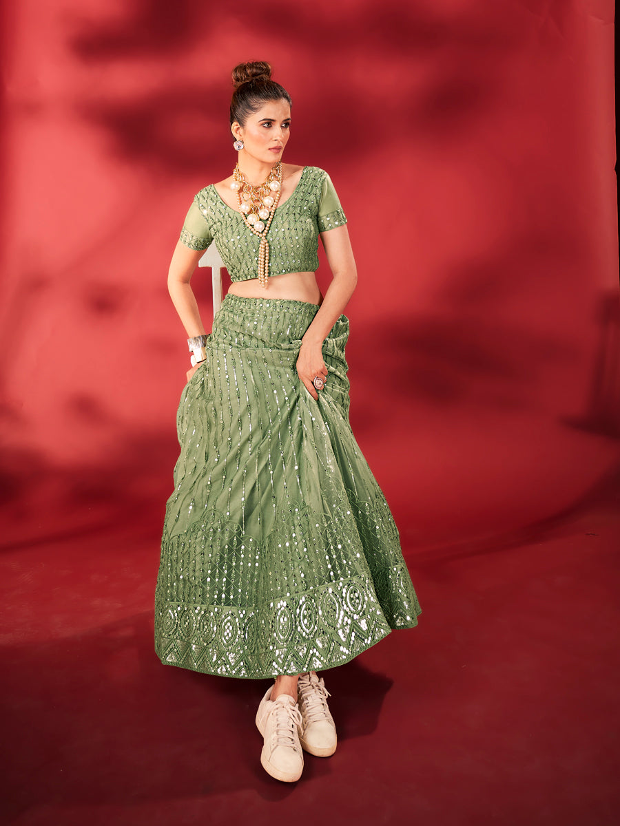 Pistachio Green Sequins Embroidered Net Lehenga Choli