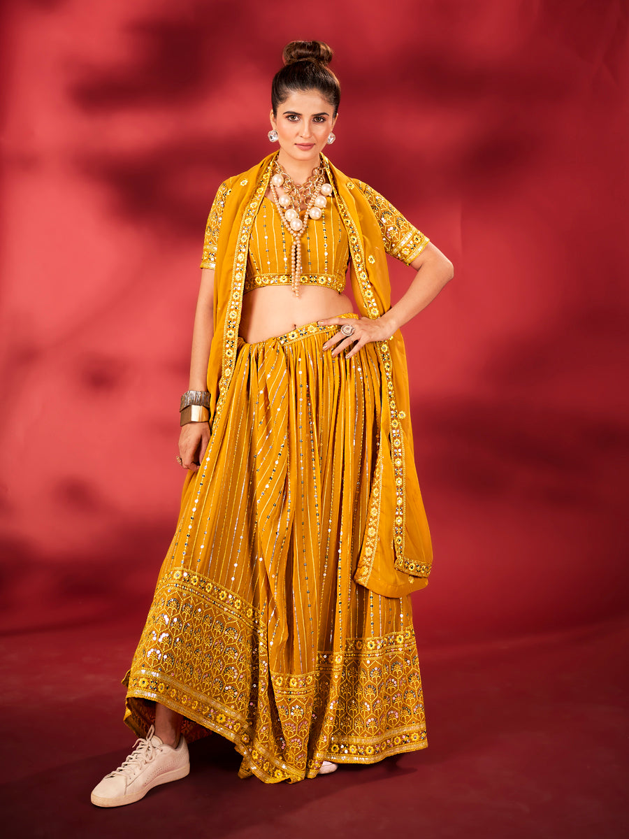 Mustard Yellow Sequins Embroidered Net Lehenga Choli For Haldi