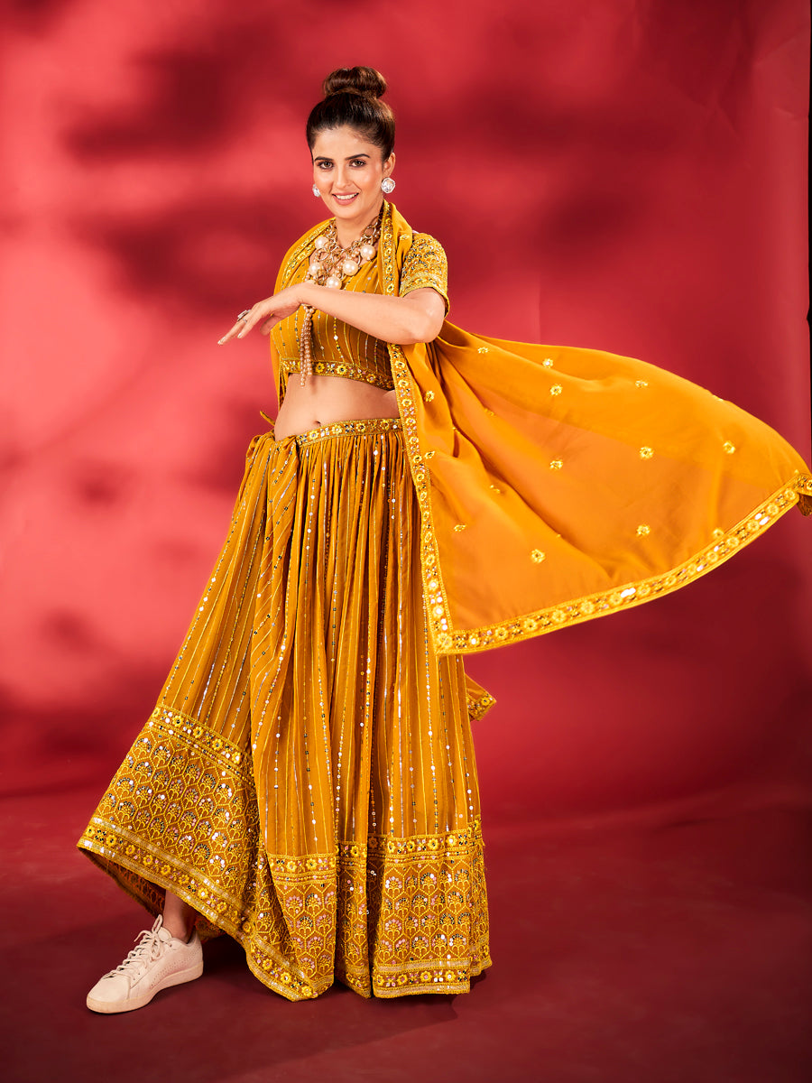 Mustard Yellow Sequins Embroidered Net Lehenga Choli For Haldi