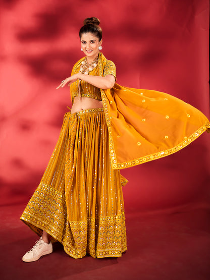 Mustard Yellow Sequins Embroidered Net Lehenga Choli For Haldi