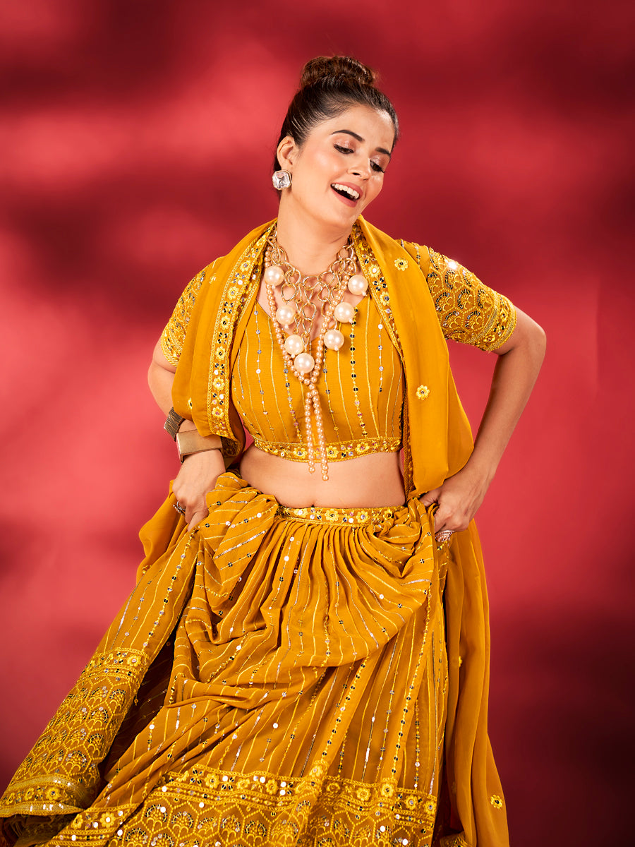 Mustard Yellow Sequins Embroidered Net Lehenga Choli For Haldi