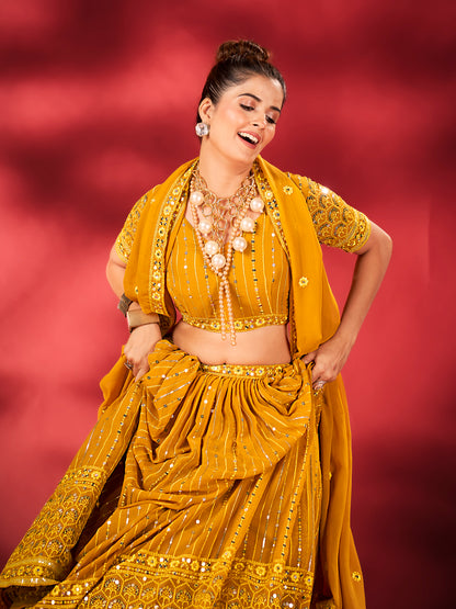 Mustard Yellow Sequins Embroidered Net Lehenga Choli For Haldi