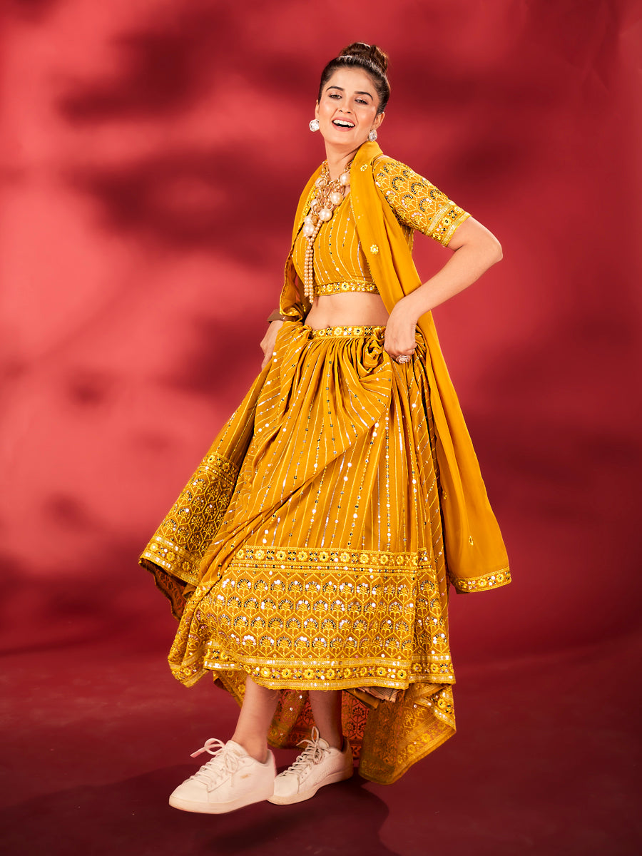 Mustard Yellow Sequins Embroidered Net Lehenga Choli For Haldi