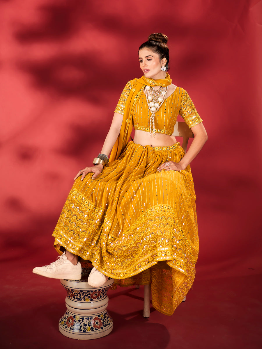 Mustard Yellow Sequins Embroidered Net Lehenga Choli For Haldi
