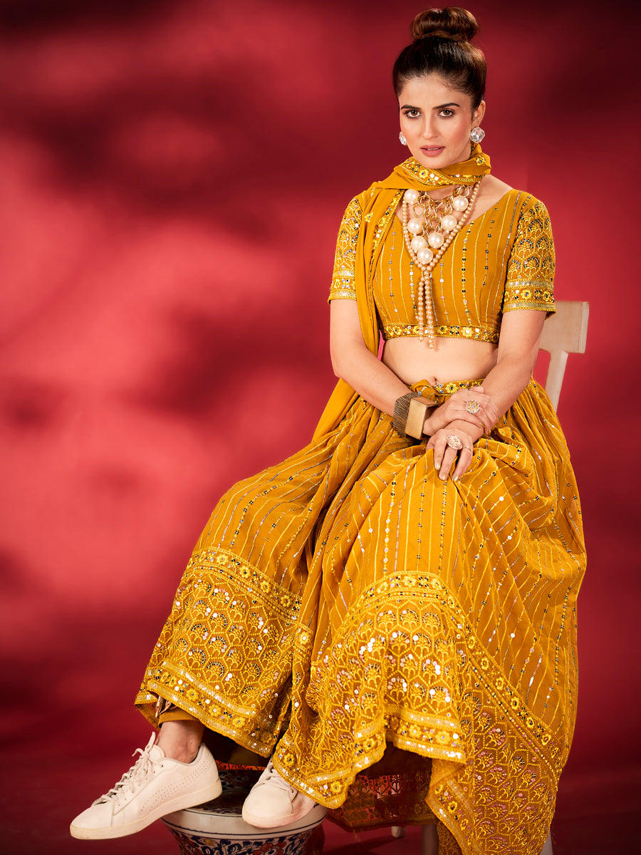 Mustard Yellow Sequins Embroidered Net Lehenga Choli For Haldi