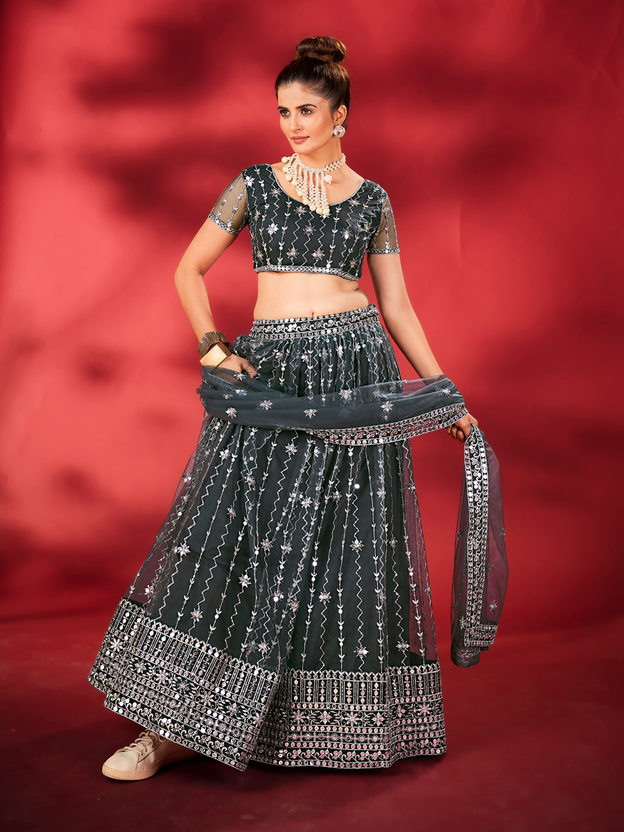 Deep Grey Soft Net Sequins Embroidered Lehenga Choli