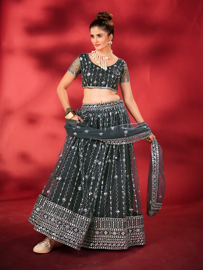 Deep Grey Soft Net Sequins Embroidered Lehenga Choli