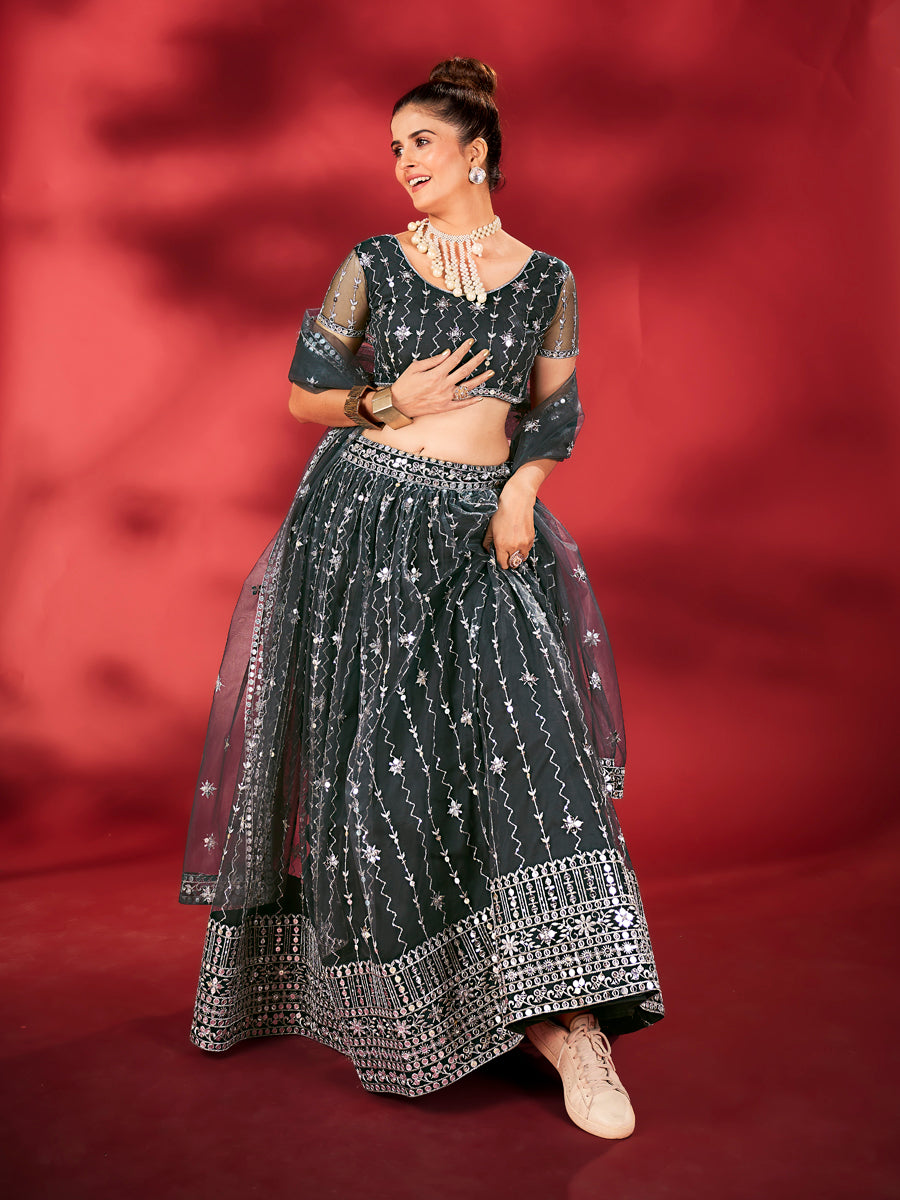 Deep Grey Soft Net Sequins Embroidered Lehenga Choli