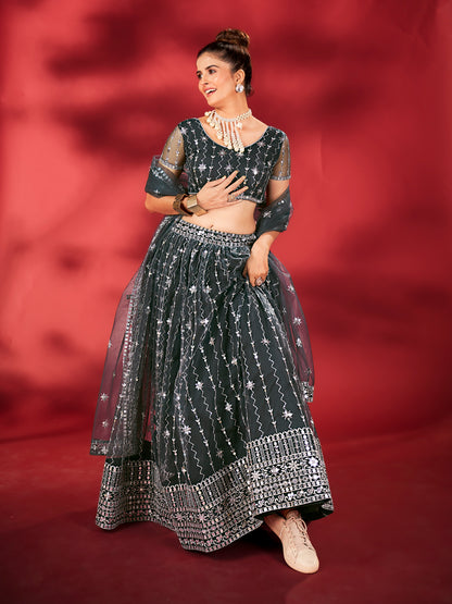 Deep Grey Soft Net Sequins Embroidered Lehenga Choli