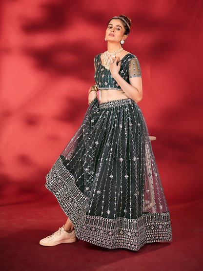 Deep Grey Soft Net Sequins Embroidered Lehenga Choli