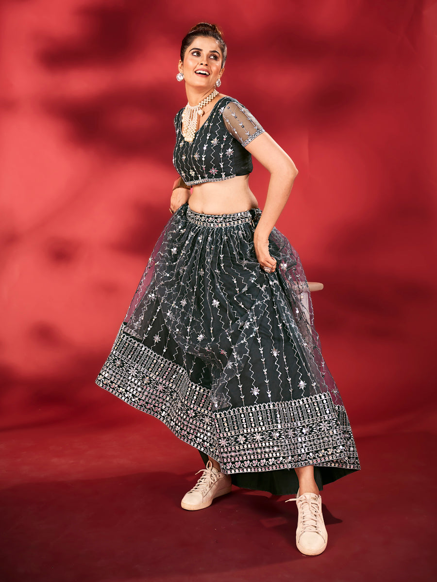 Deep Grey Soft Net Sequins Embroidered Lehenga Choli