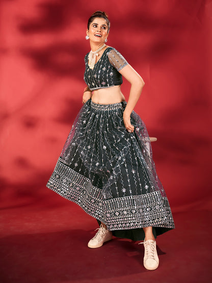 Deep Grey Soft Net Sequins Embroidered Lehenga Choli