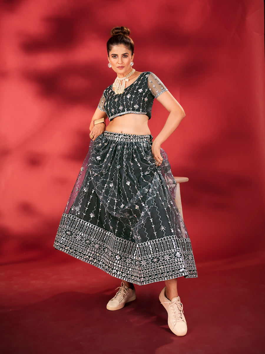 Deep Grey Soft Net Sequins Embroidered Lehenga Choli