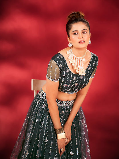 Deep Grey Soft Net Sequins Embroidered Lehenga Choli