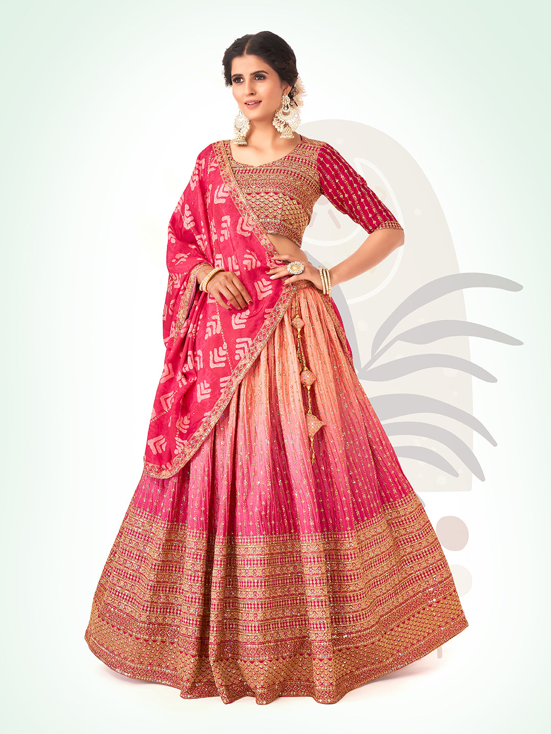 Two-Tone Pink Navratri Wear Chinon Silk Lehenga Choli