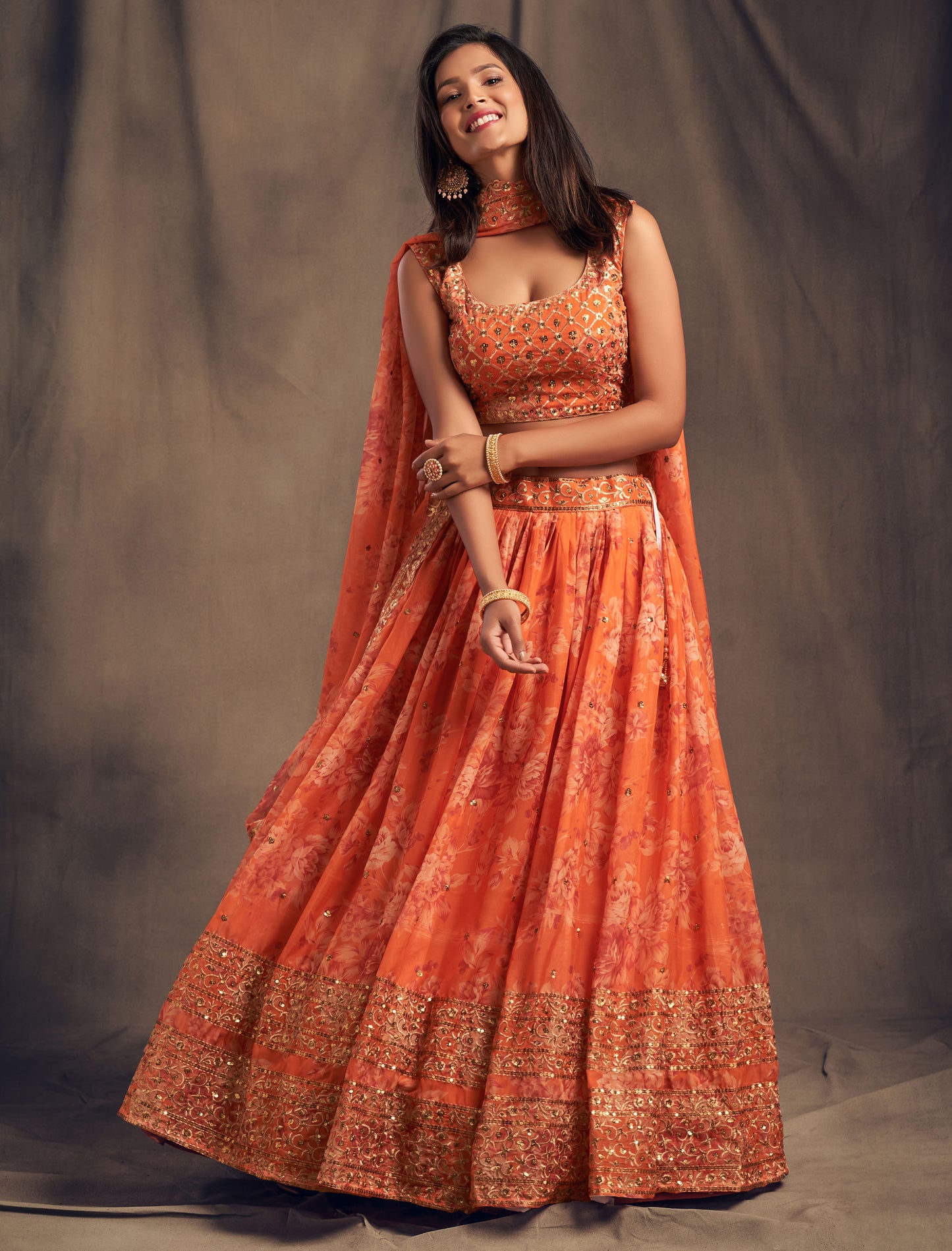Orange floral printed Lehenga Choli with Sequins Zari Embroidery Work