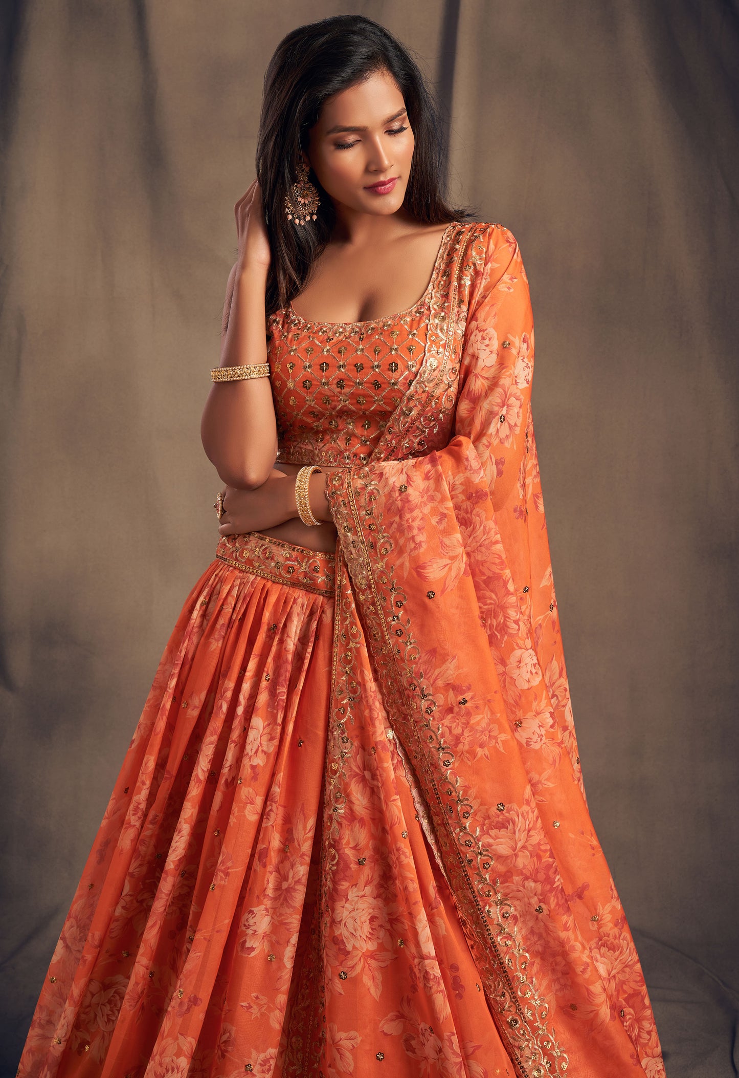 Orange floral printed Lehenga Choli with Sequins Zari Embroidery Work