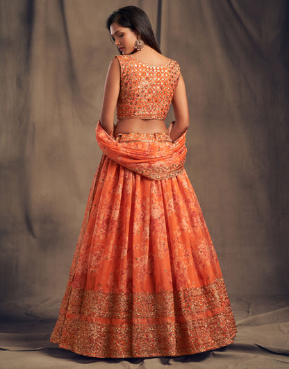 Orange floral printed Lehenga Choli with Sequins Zari Embroidery Work