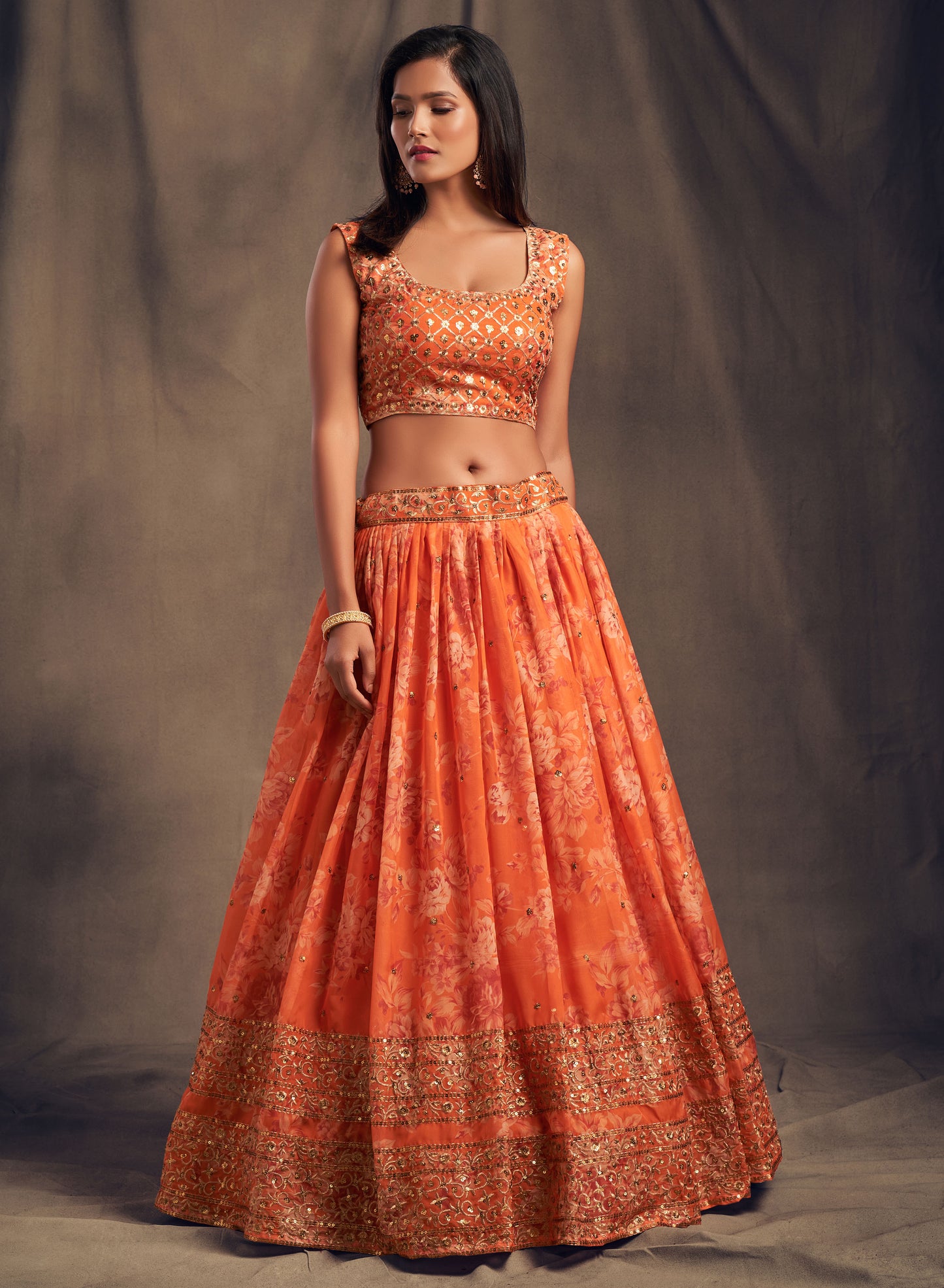 Orange floral printed Lehenga Choli with Sequins Zari Embroidery Work