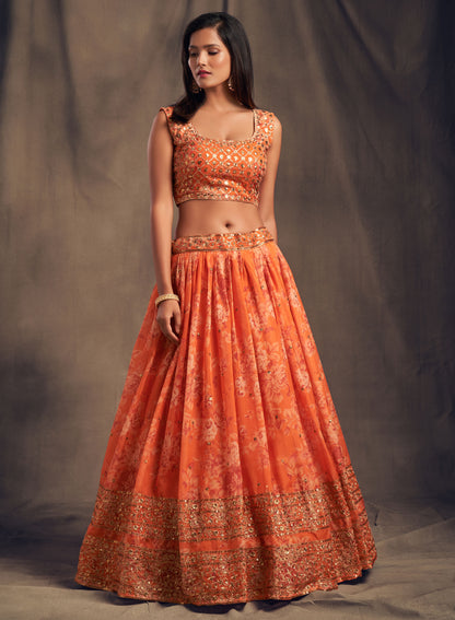 Orange floral printed Lehenga Choli with Sequins Zari Embroidery Work