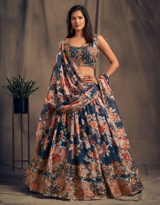 Blue Floral Printed Lehenga Choli with Sequins Zari Embroidery Work