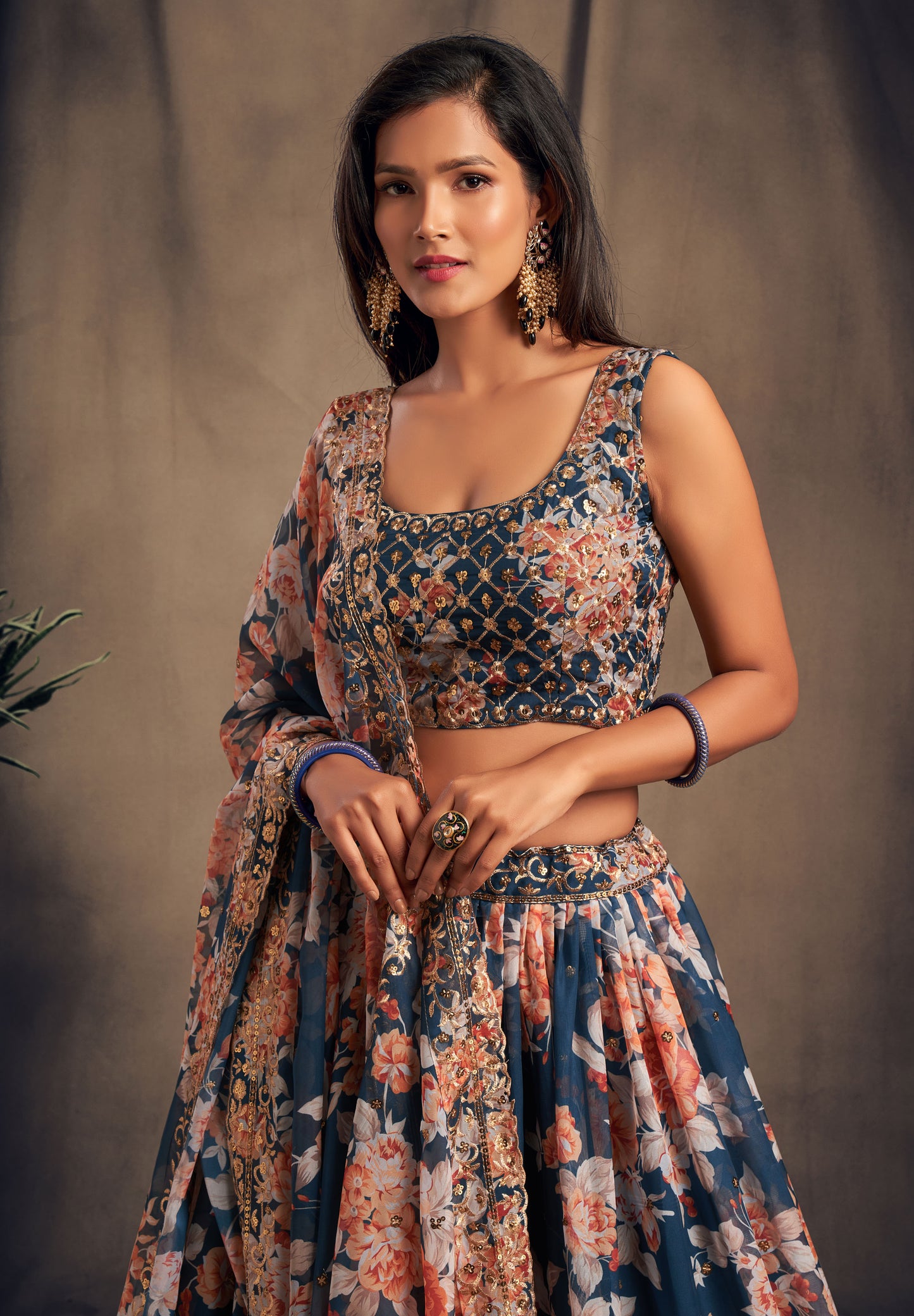 Blue Floral Printed Lehenga Choli with Sequins Zari Embroidery Work