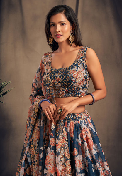 Blue Floral Printed Lehenga Choli with Sequins Zari Embroidery Work