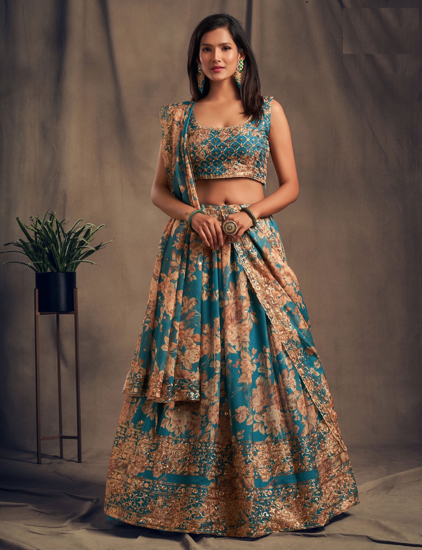 Teal Blue floral printed Lehenga Choli with Sequins Zari Embroidery Work