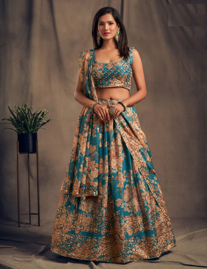 Teal Blue floral printed Lehenga Choli with Sequins Zari Embroidery Work