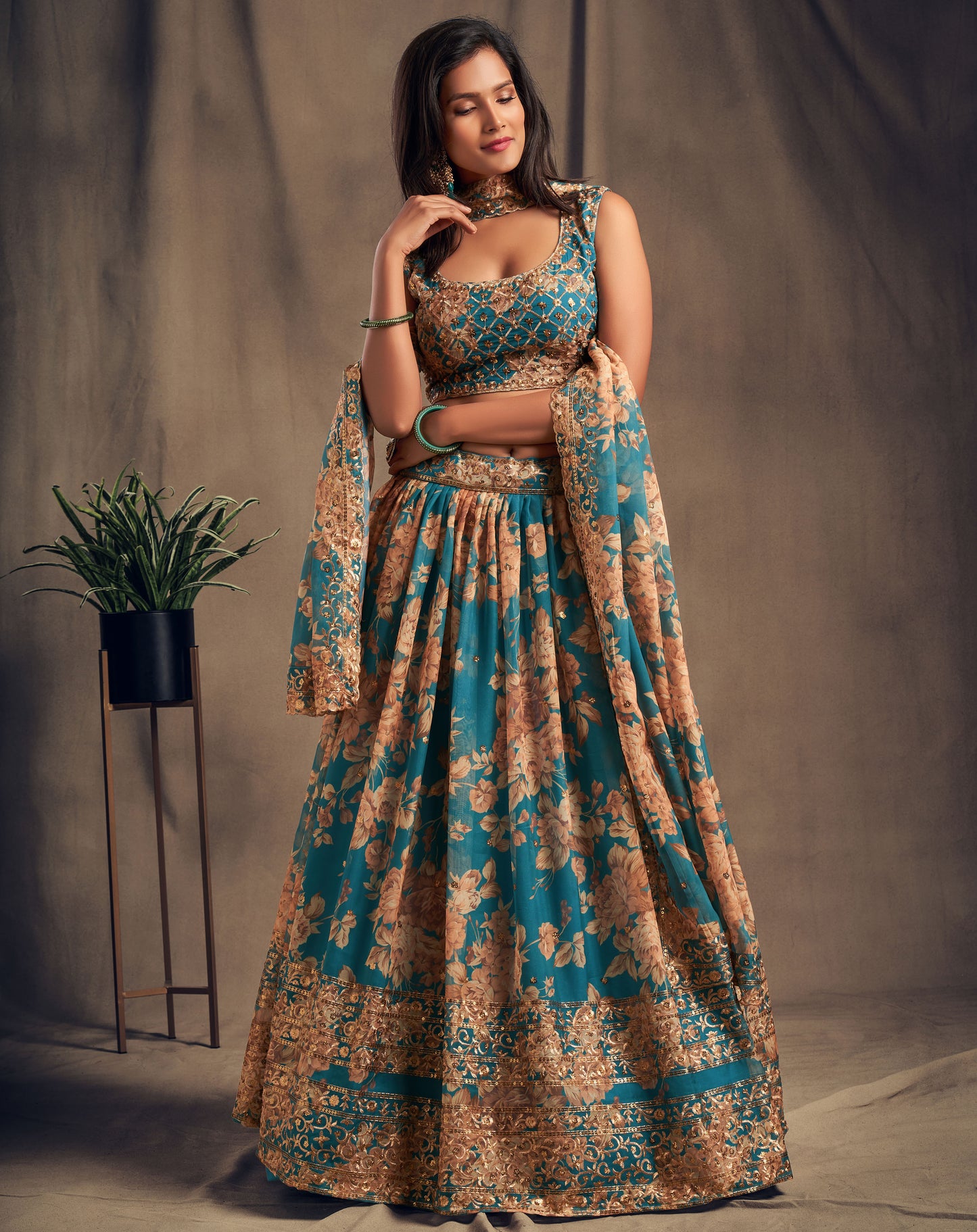 Teal Blue floral printed Lehenga Choli with Sequins Zari Embroidery Work
