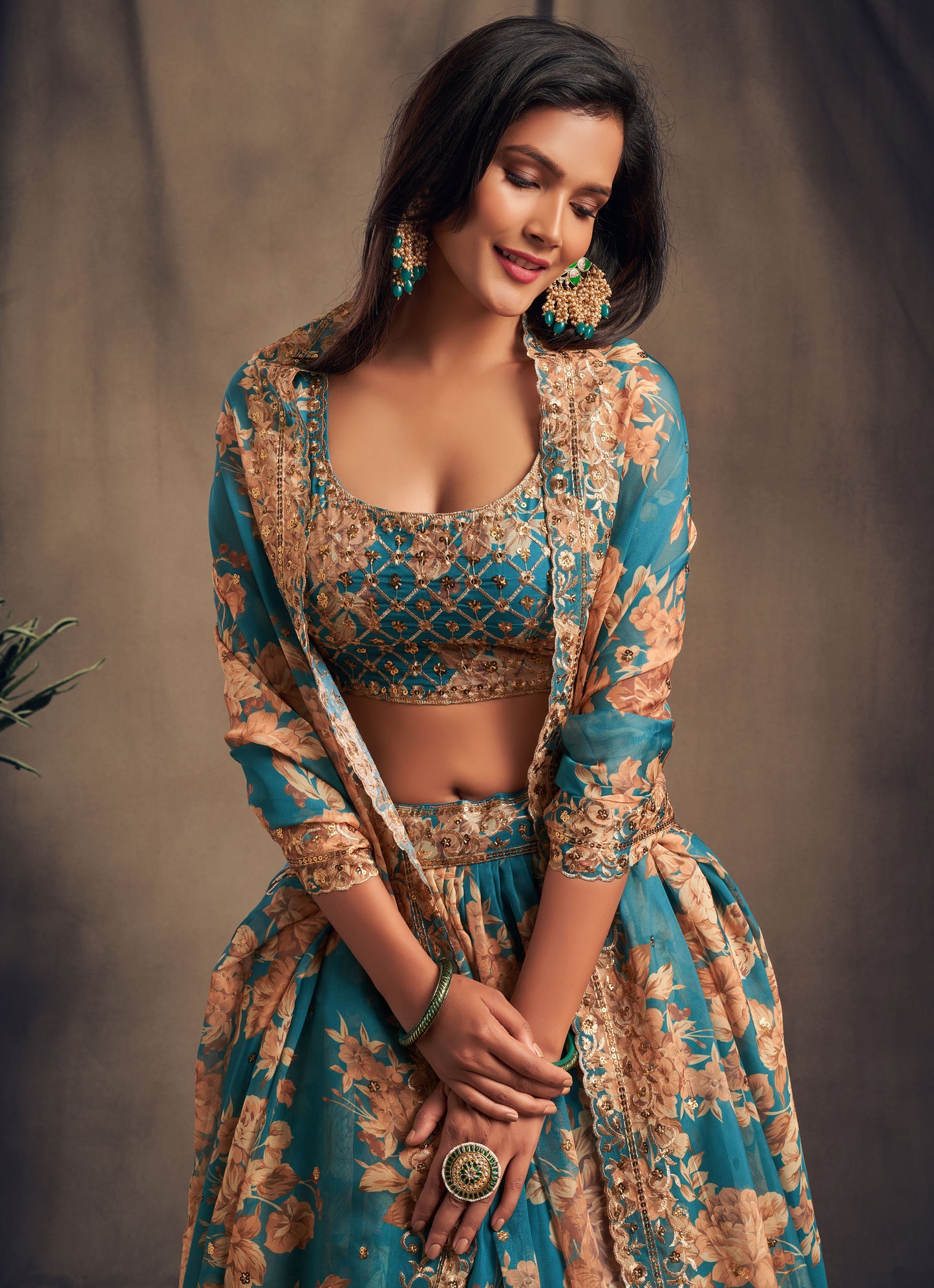 Teal Blue floral printed Lehenga Choli with Sequins Zari Embroidery Work