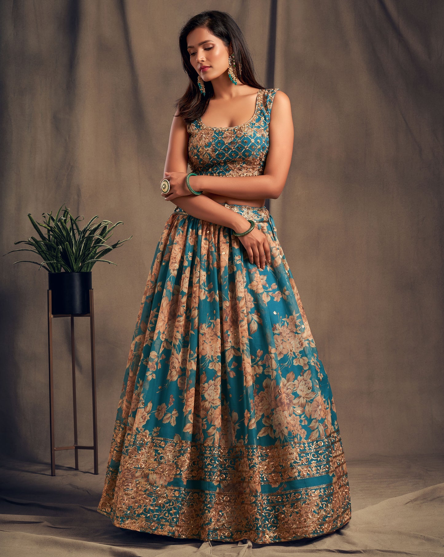 Teal Blue floral printed Lehenga Choli with Sequins Zari Embroidery Work