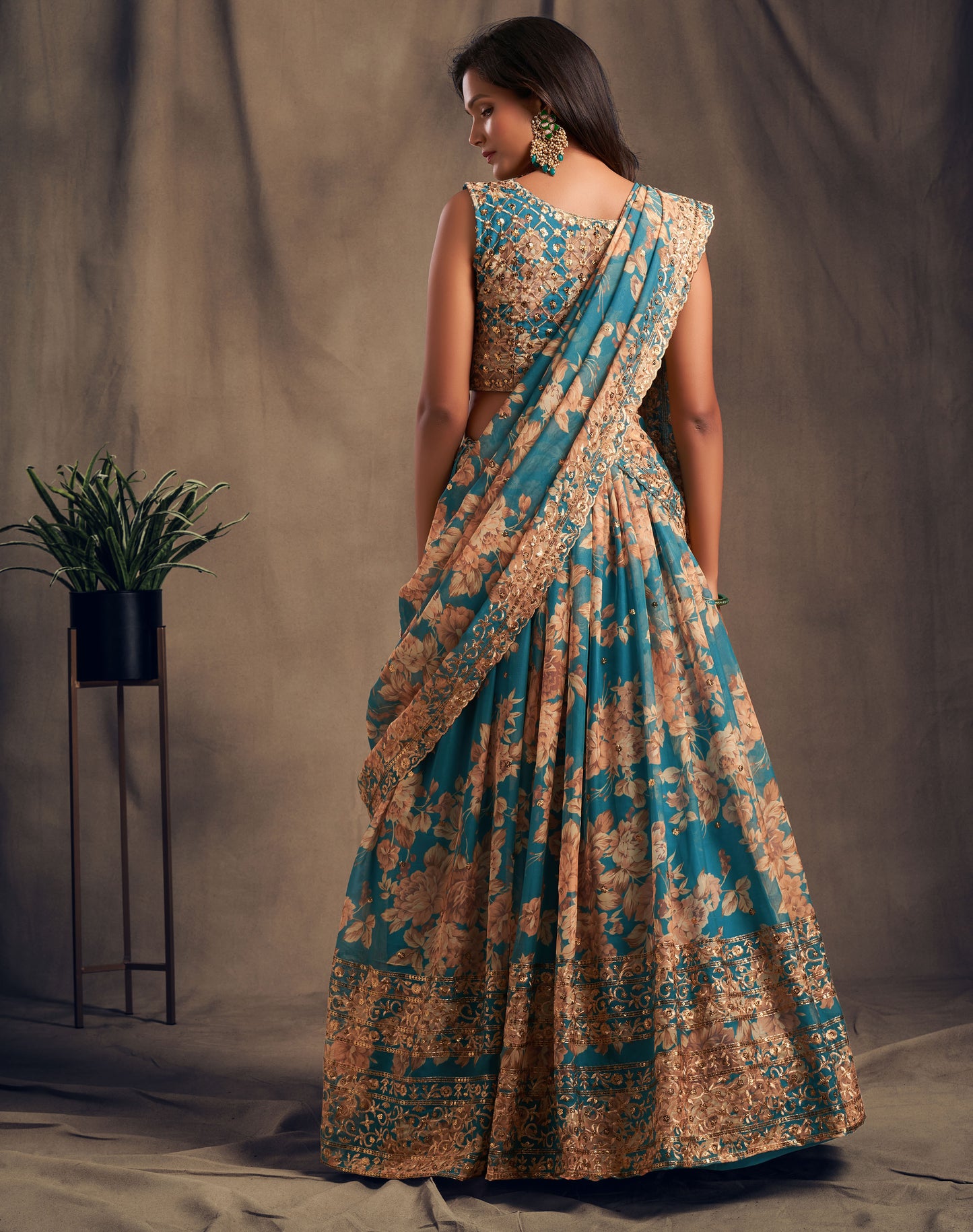 Teal Blue floral printed Lehenga Choli with Sequins Zari Embroidery Work