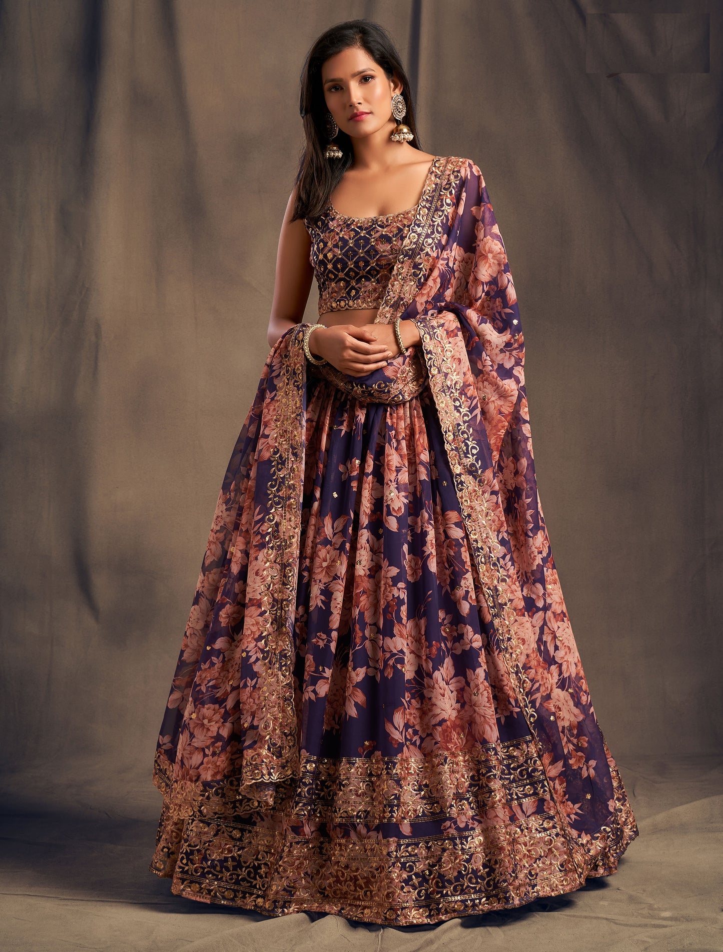 Purple Floral Printed Lehenga Choli with Sequins Zari Embroidery Work