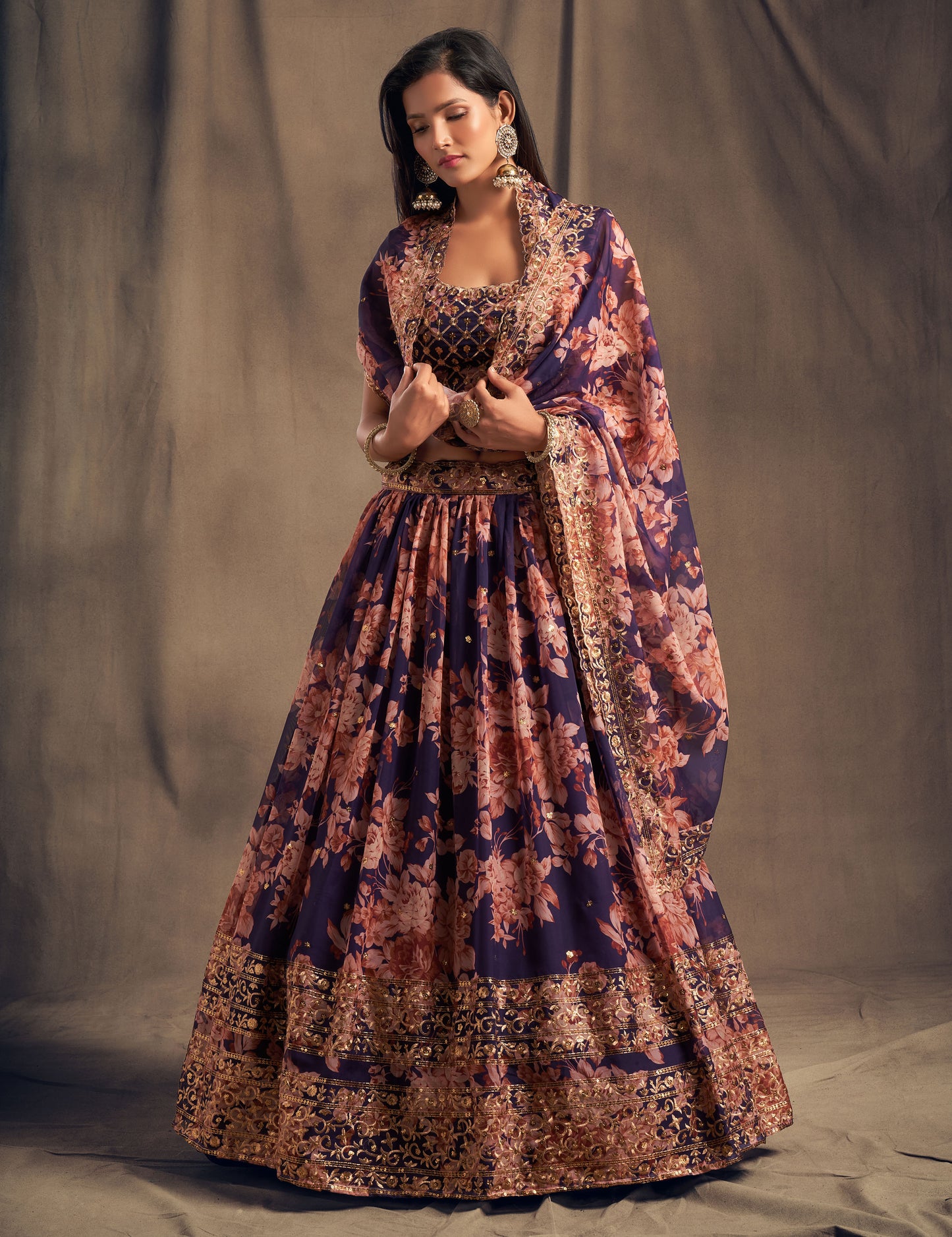 Purple Floral Printed Lehenga Choli with Sequins Zari Embroidery Work