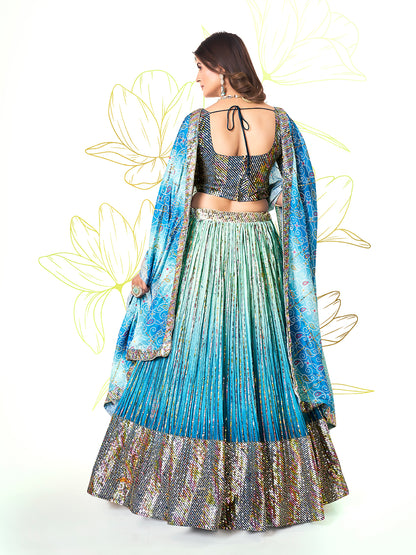Turquoise Blue Navratri Special Chinon Silk Lehenga Choli