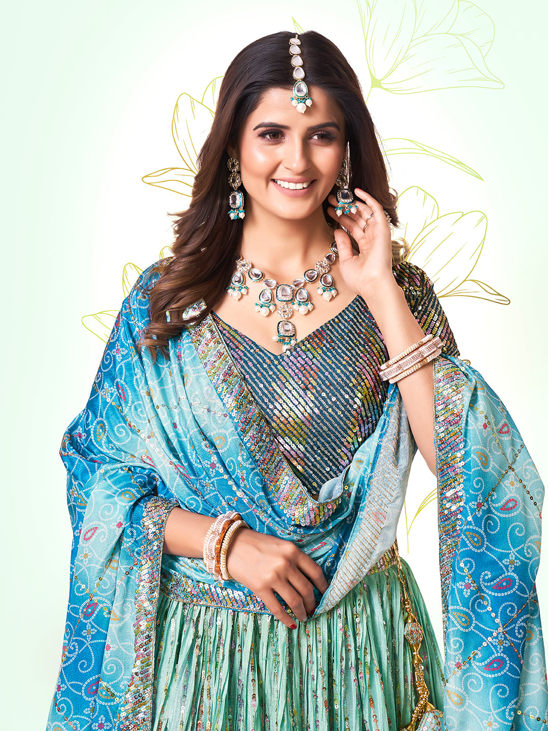 Turquoise Blue Navratri Special Chinon Silk Lehenga Choli