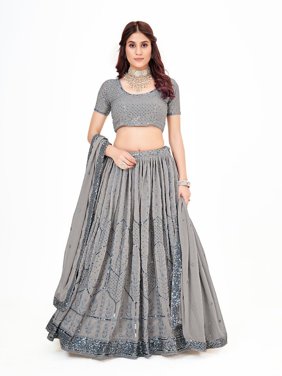 Grey Georgette Embroidered Wedding Lehenga Choli