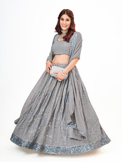 Grey Georgette Embroidered Wedding Lehenga Choli