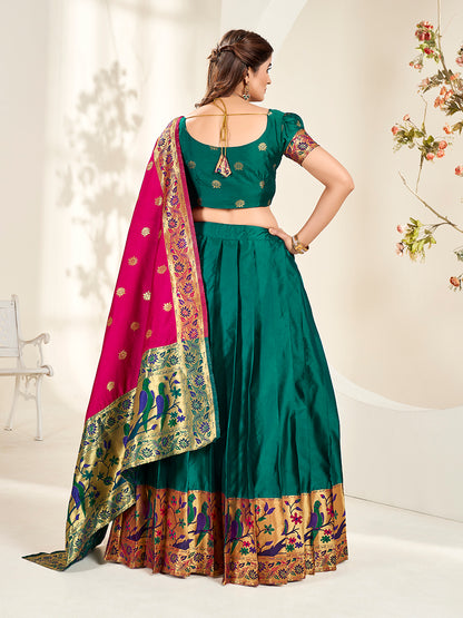 Teal & Pink Zari Woven Paithani Silk Half Saree Lehenga