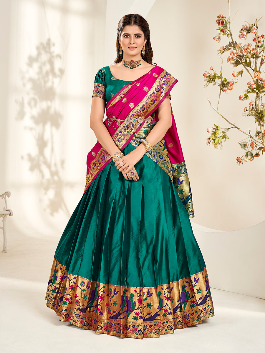 Teal & Pink Zari Woven Paithani Silk Half Saree Lehenga