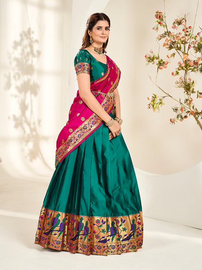 Teal & Pink Zari Woven Paithani Silk Half Saree Lehenga
